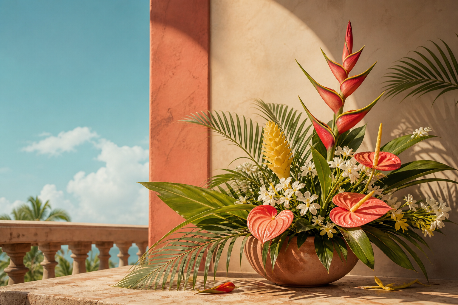 Colourful tropical flowers in warm Caribbean light